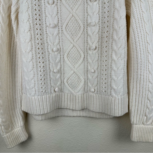 J.Crew Cable Knit Lambs Wool Blend Pom Pom Sweater Size Small Cream Fisherman - Picture 3 of 12